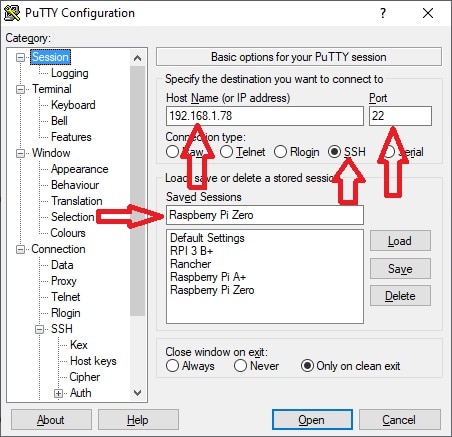 Putty SSH Session config