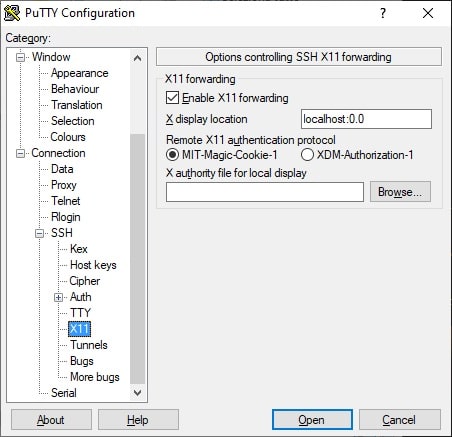 Putty SSH X11 config