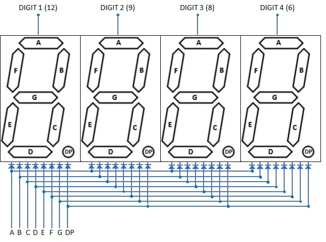 4 digit 7 segment display segments internal circuit