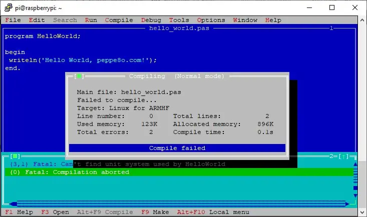 Raspberry PI Free Pascal IDE hello world compile error 1