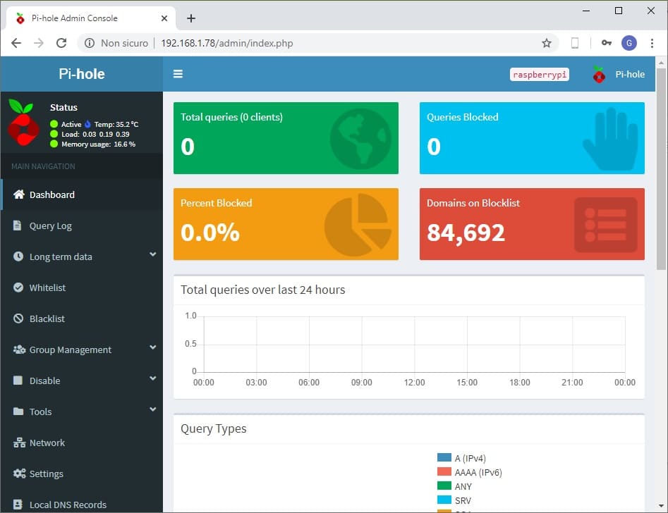 Raspberry PI pihole web admin dashboard