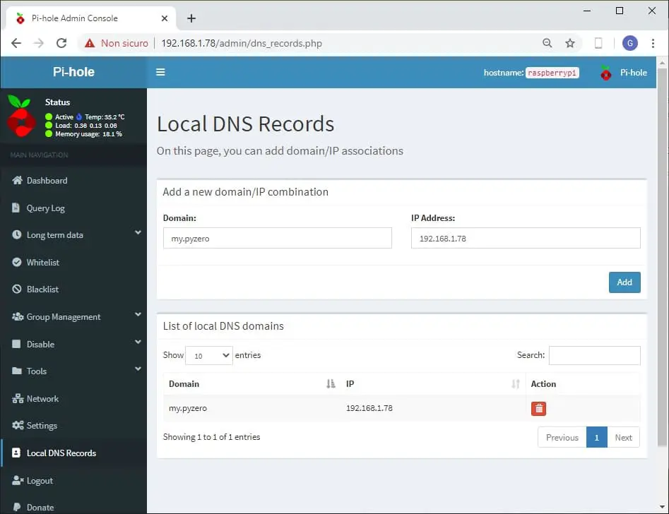 Raspberry PI pihole web admin local dns records