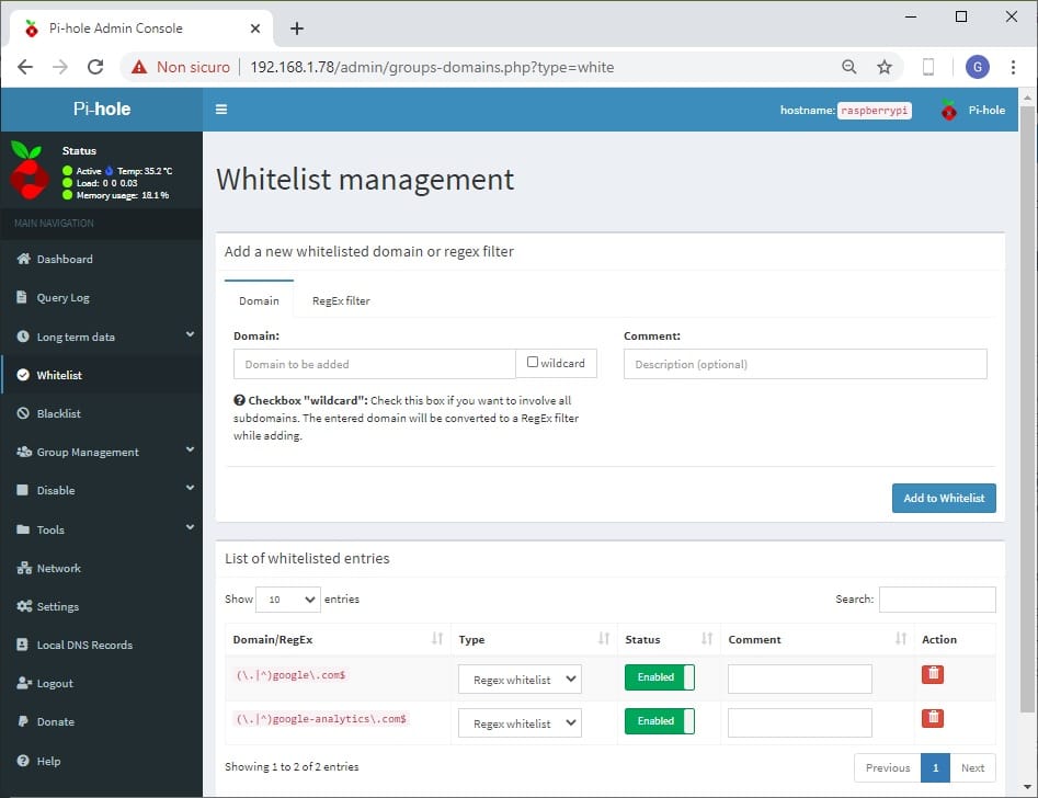 Raspberry PI pihole web admin whitelist