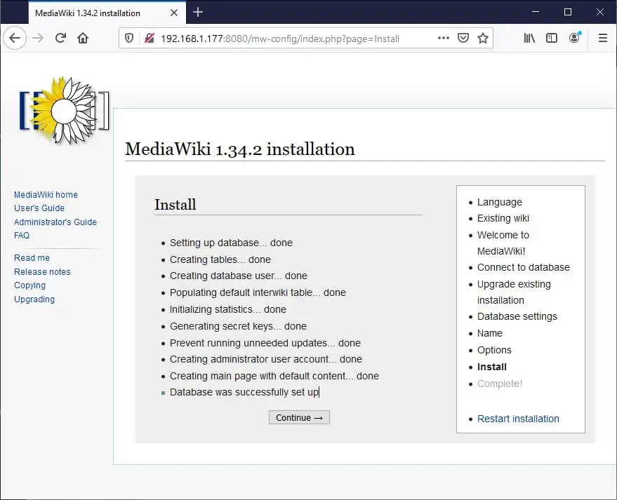 Raspberry PI Mediawiki web installation complete