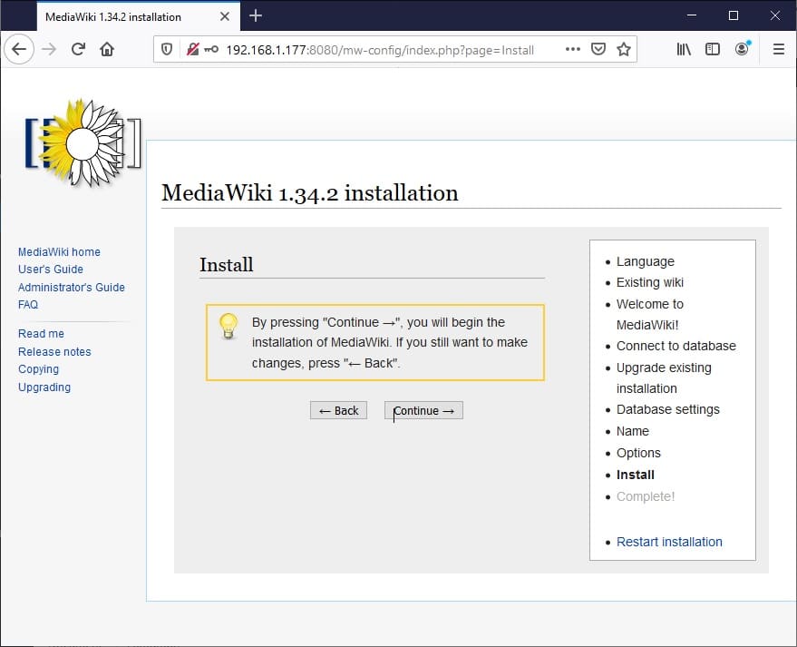 Raspberry PI Mediawiki web installation confirmation