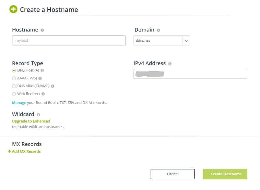NoIP create hostname form