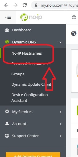 NoIP dashboard select No-IP Hostnames