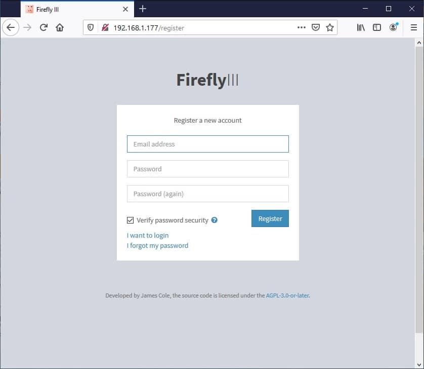 FireFly III register page