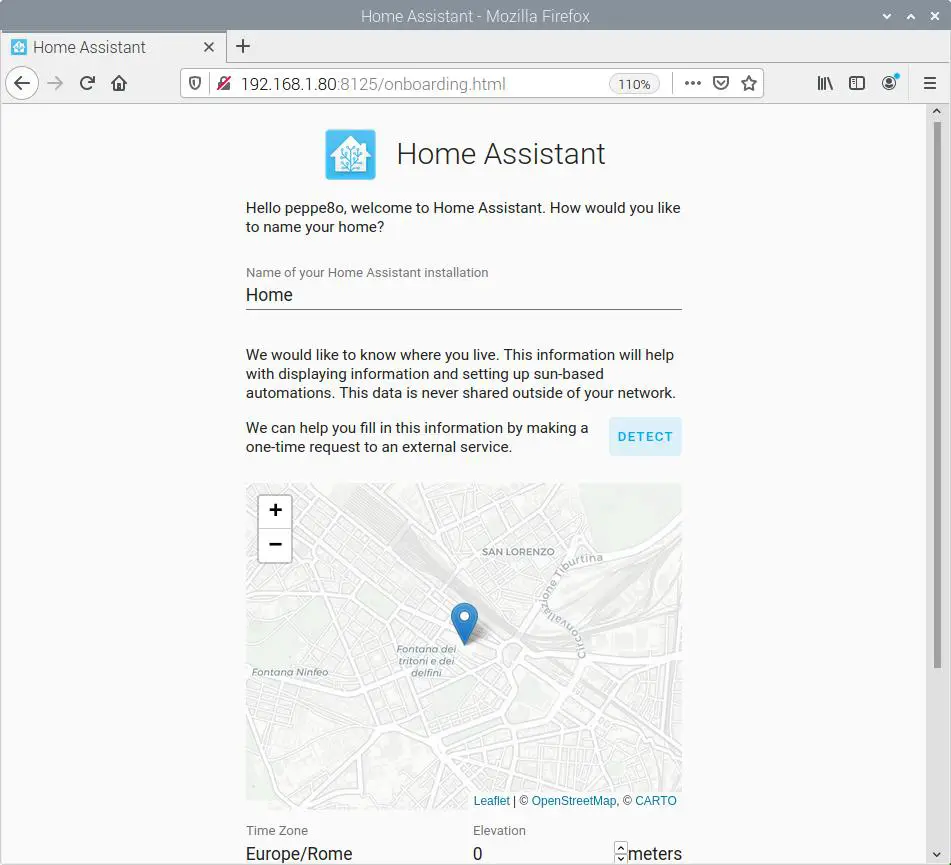 home assistant first access home settings