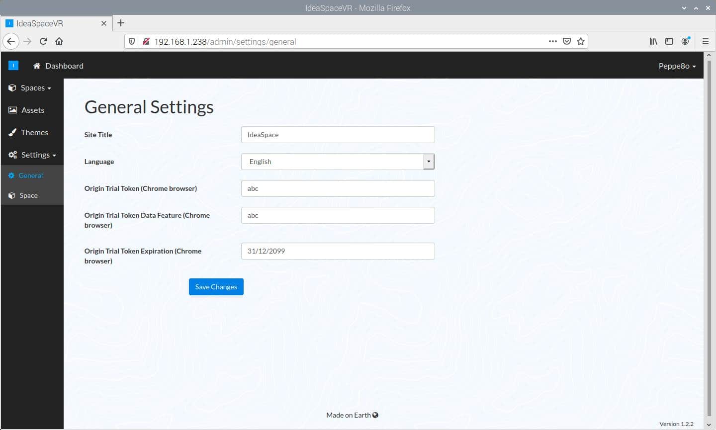 IdeaSpaceVR settings general token