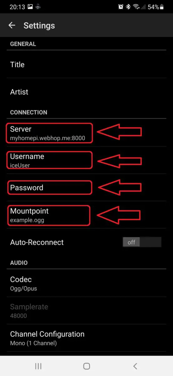 Android Cool Mic settings icecast2