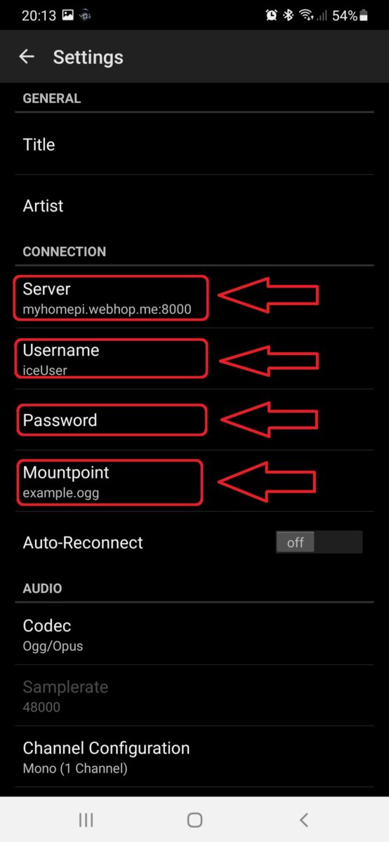 Android Cool Mic settings icecast2