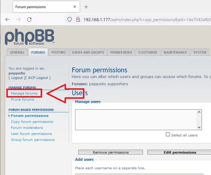 phpBB ACP manage Forums link