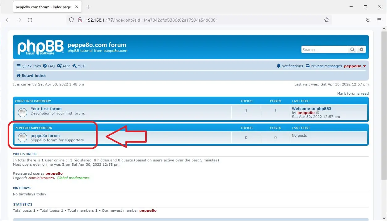 phpBB home with new category