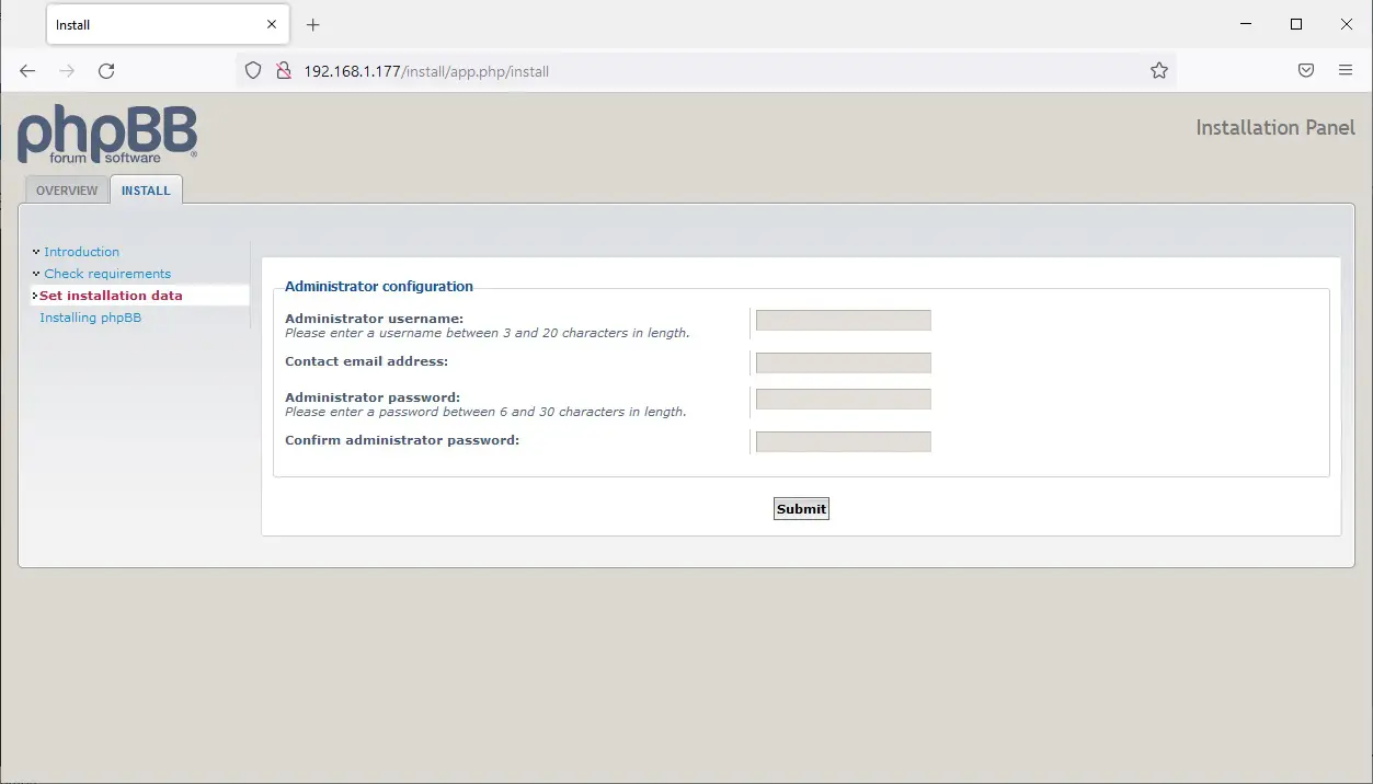 phpBB install admin config