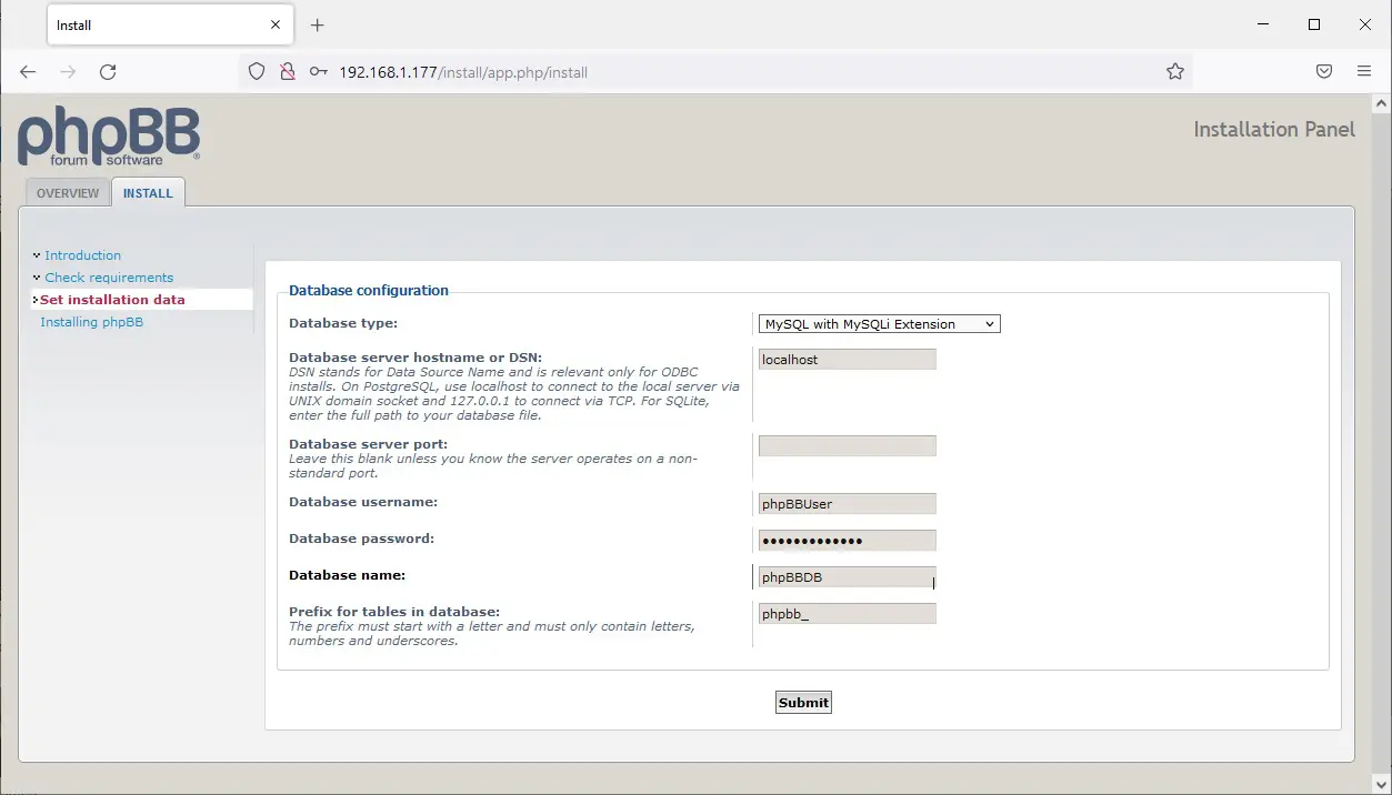 phpBB install database config