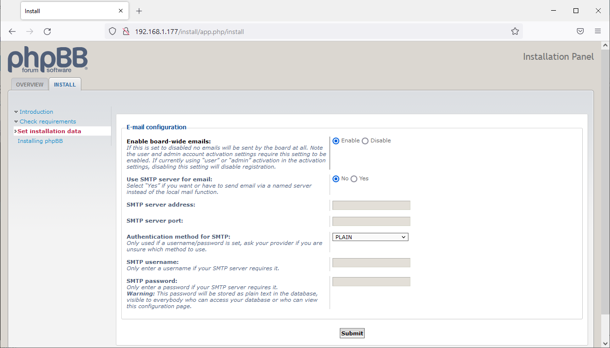 phpBB install email config
