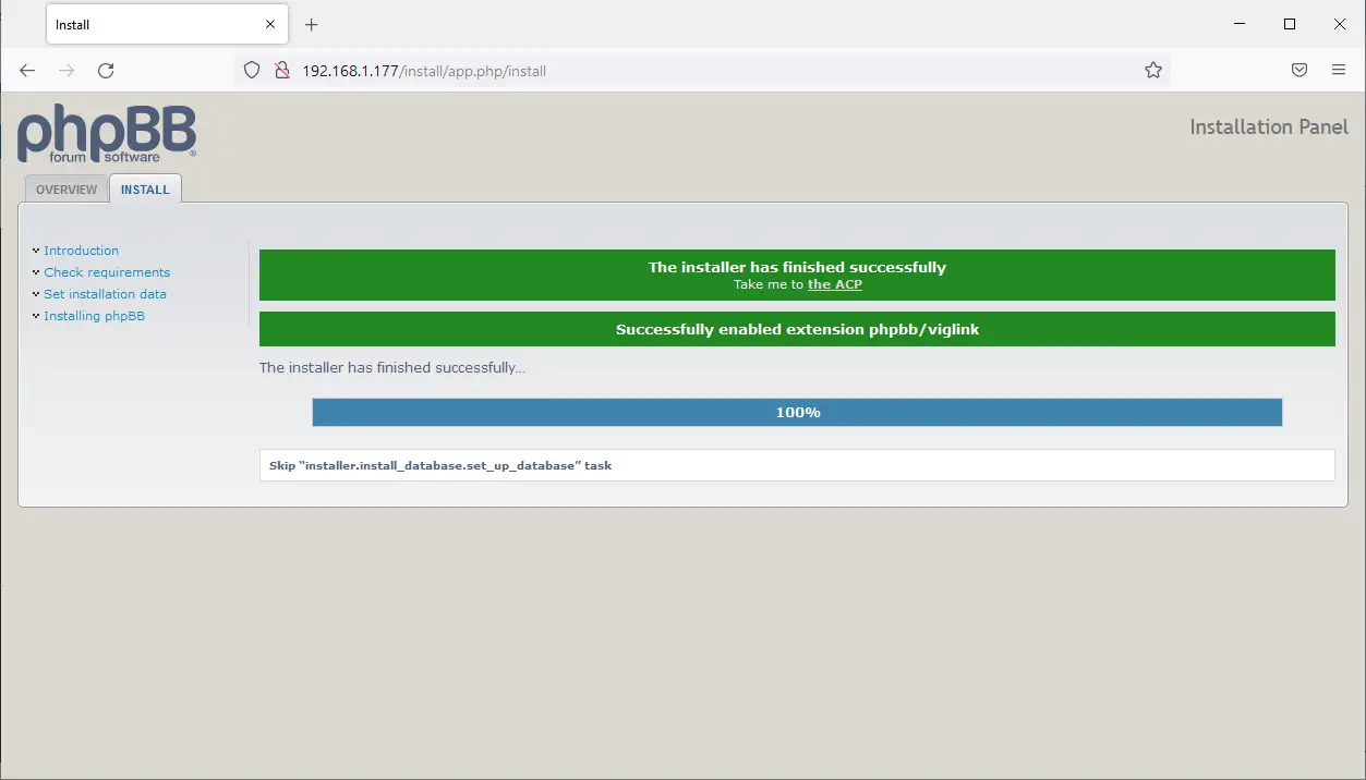 phpBB install finished successfully