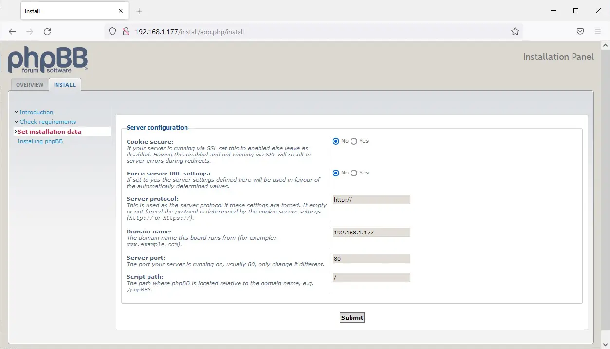 phpBB install server config