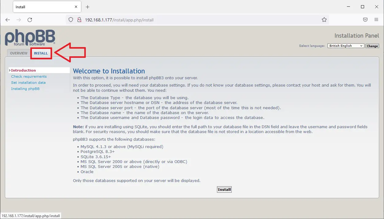 phpBB install welcome tab