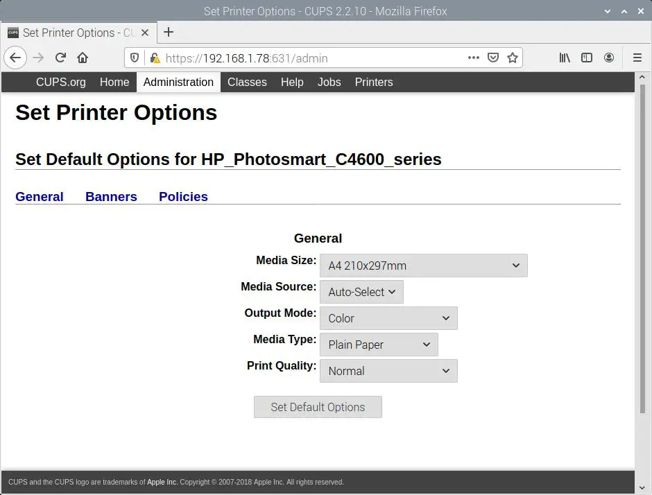 Raspberry PI CUPS Add HP Photosmart C4680 - default options
