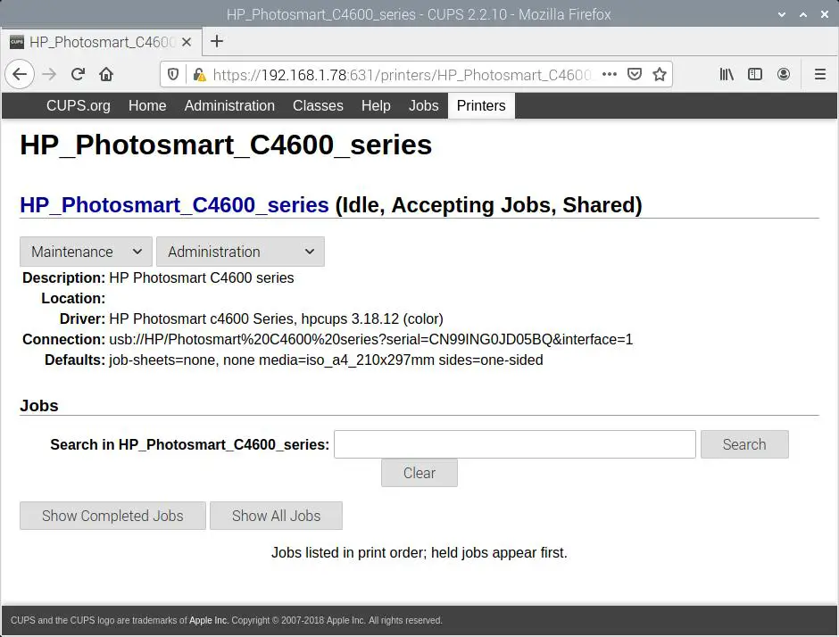 Raspberry PI CUPS Add HP Photosmart C4680 - successfull completed