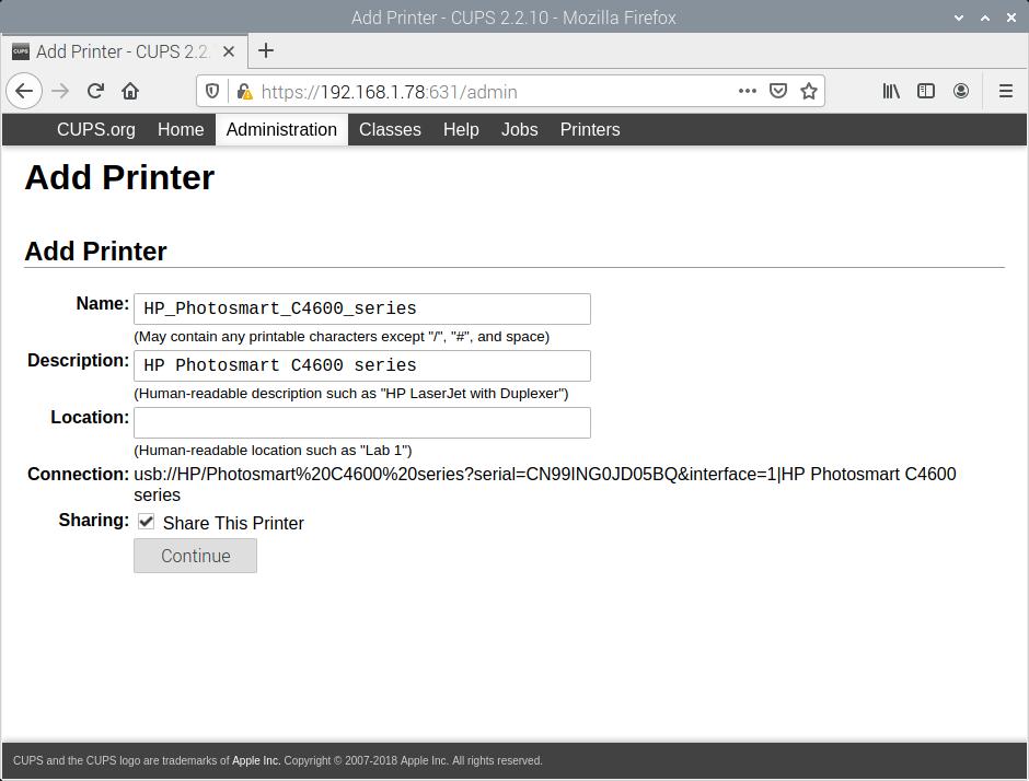Raspberry PI CUPS Add HP Photosmart C4680