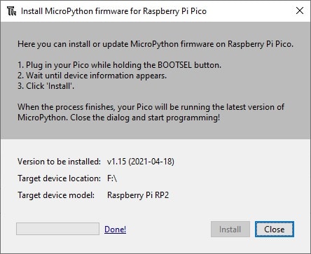 Thonny install micropython for raspberry pi pico done