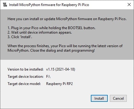 Thonny install micropython for raspberry pi pico warning
