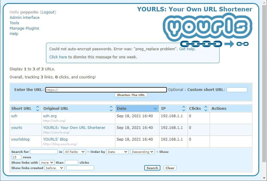 raspberry pi yourls admin home page