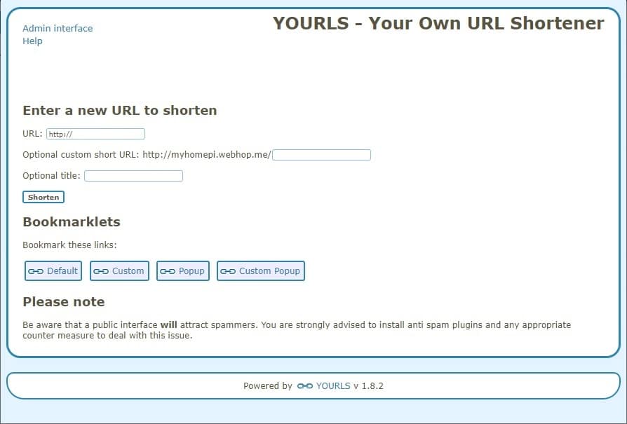 raspberry pi yourls public home page