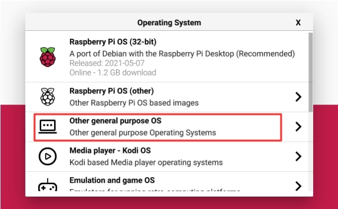 Raspberry PI Imager choose OS > general purpose OS