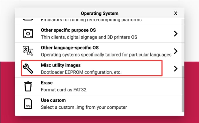 Raspberry PI Imager choose OS > misc utility images