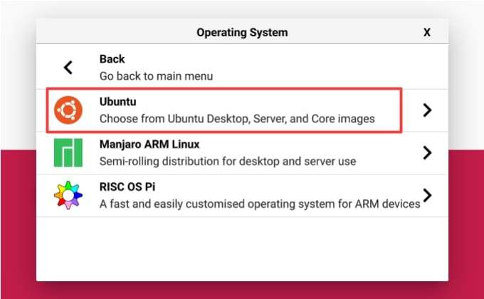 Raspberry PI Imager general purpose OS > Ubuntu