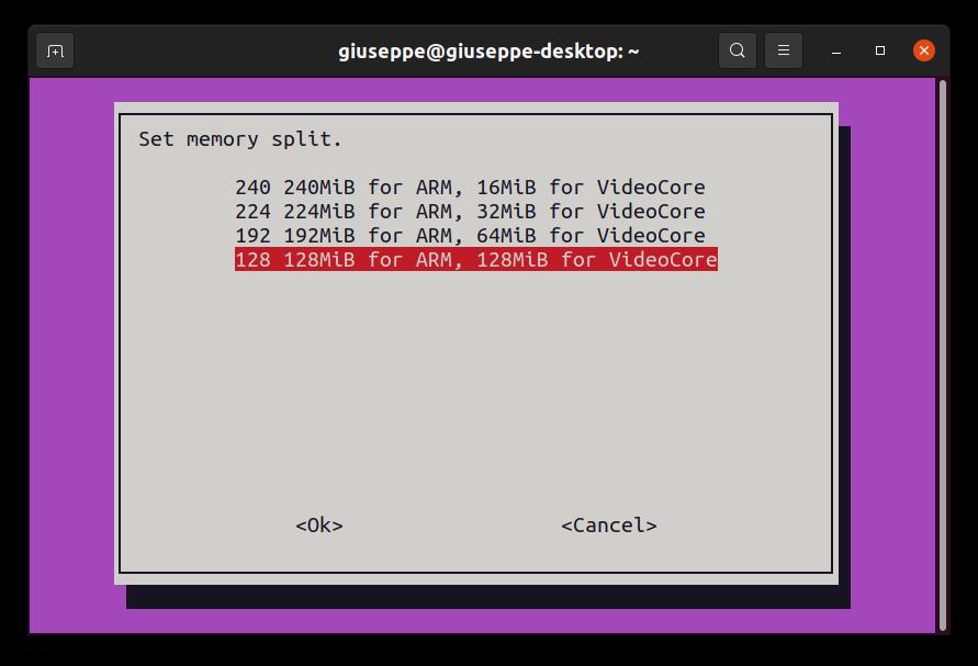 Ubuntu raspi-config GPU Memory 128MiB