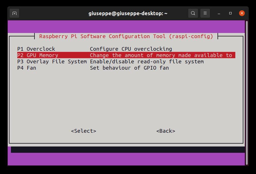 Ubuntu raspi-config Performance Options > GPU Memory