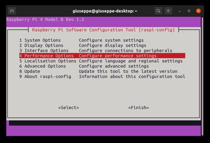 Ubuntu raspi-config home > Performance Options
