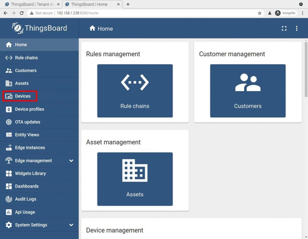 thingsboard tenant admin home Device highlighted