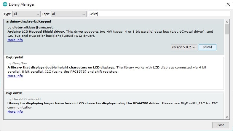 Arduino IDE manage libraries search