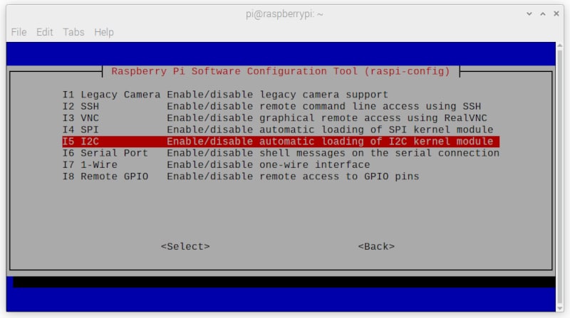 Raspberry PI 3 model A raspi-config Interface i2c selected