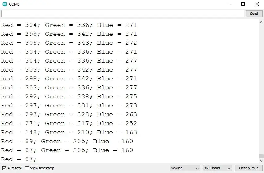 TCS34725 colour sensor arduino serial monitor results