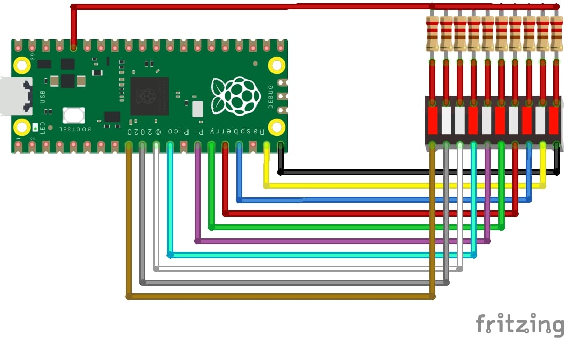 Raspberry PI Pico 10 segment led bar wiring diagram