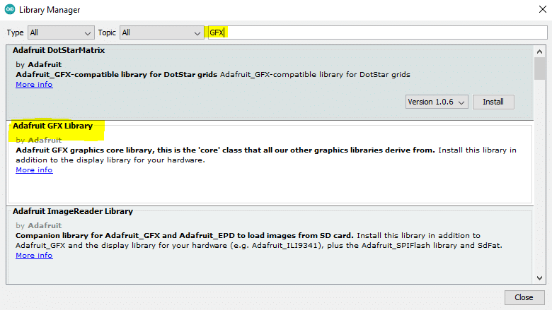 Arduino IDE gfx library