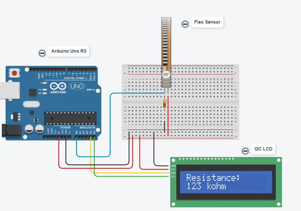 Simulation 90-degree bend for Flex sensor and I2C LCD with Arduino Uno