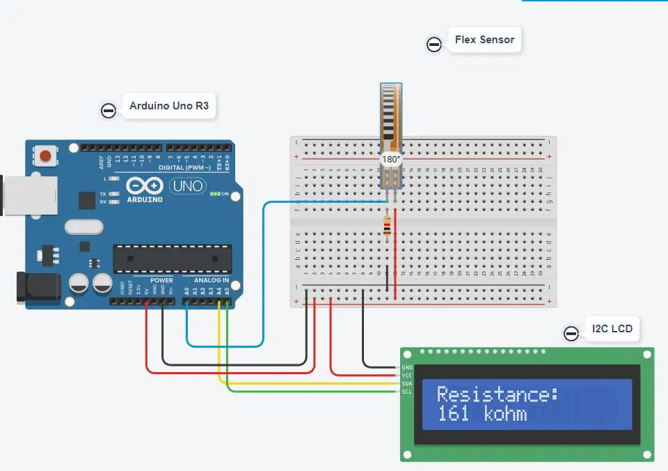 Simulation full bend for Flex sensor and I2C LCD with Arduino Uno