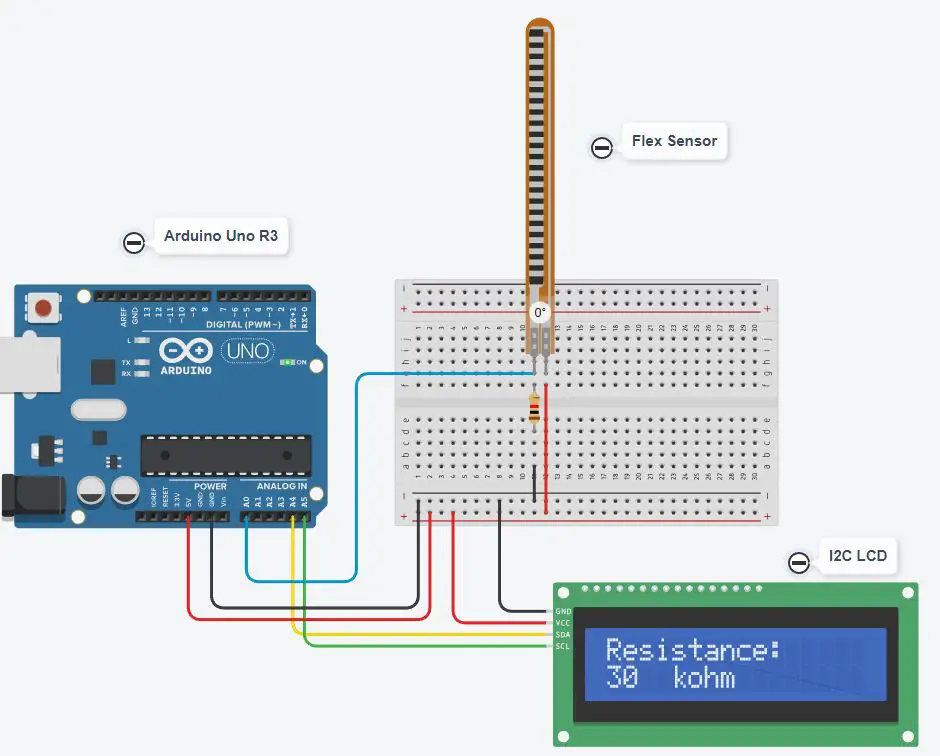 Simulation no bend for Flex sensor and I2C LCD with Arduino Uno