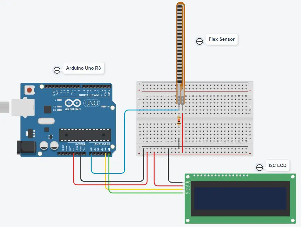 Wiring diagram for Flex sensor and I2C LCD with Arduino Uno