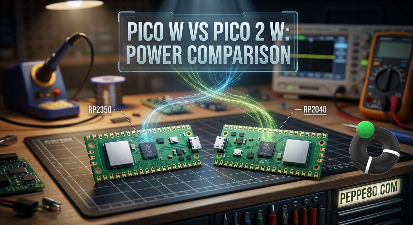 Side-by-side power comparison of Raspberry Pi Pico W (RP2040) and Pico 2 W (RP2350) microcontroller boards on an electronics workbench