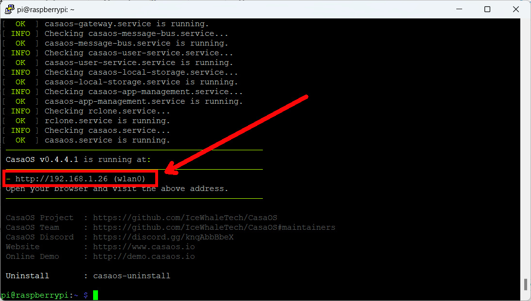 casaos-raspberry-pi-installation-complete-address