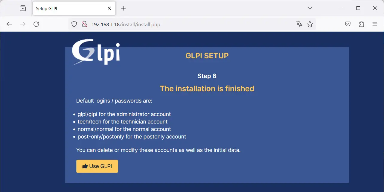 glpi-raspberry-pi-install-wizard-11-default-users